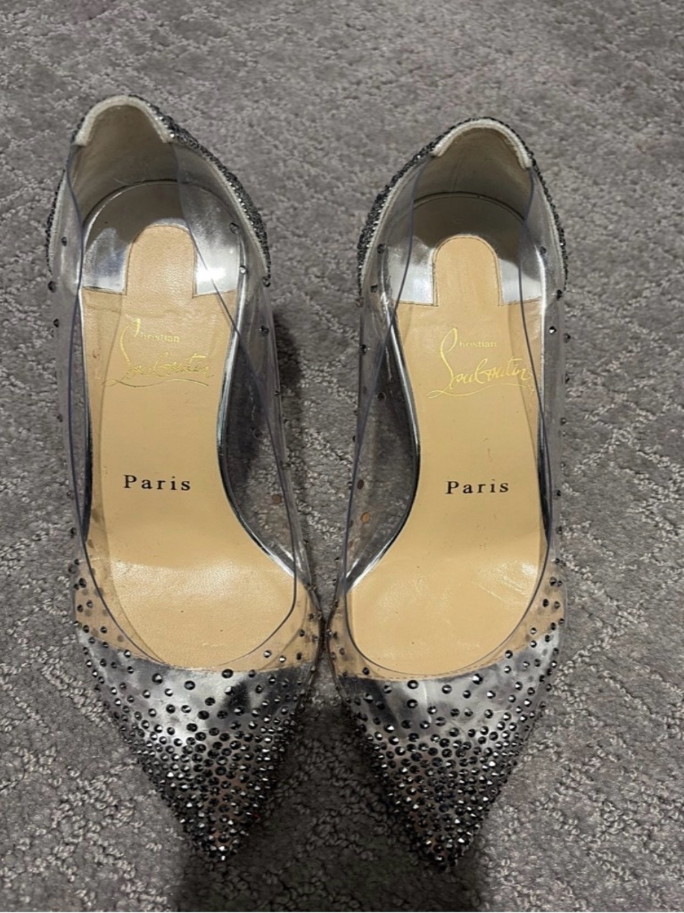 Christian Louboutin Clear and Silver Crystal-Studded Pointed Pumps